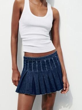 Zara Navy Pleated Denim Mini Skirt